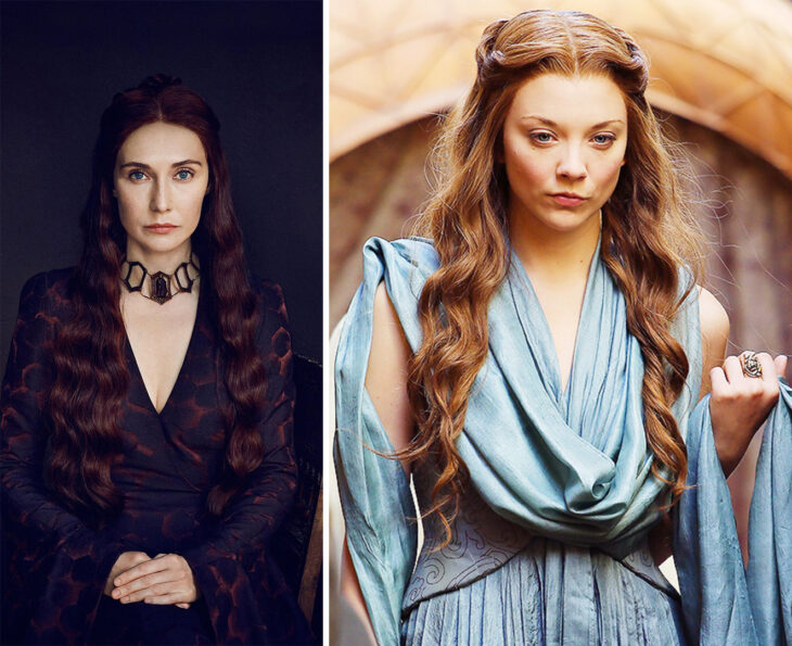 Del lado izquierdo Melisandre de 'Juego de tronos', del lado derecho Margaery Tyrell de 'Juego de tronos'