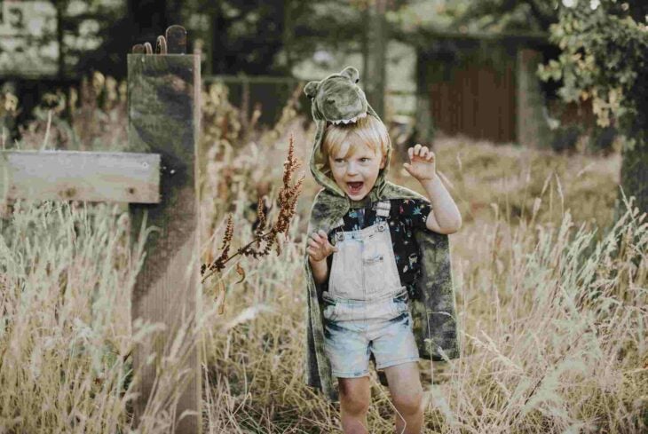 Niño vestido con una capa de dinosaurio mientras juega en el campo 