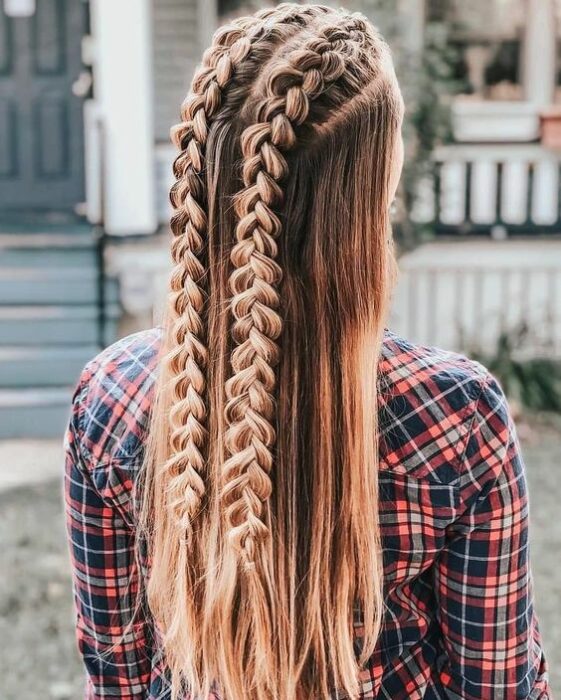 Chica de cabello largo con dos trenzas partiendo de la parte superior de la cabeza 