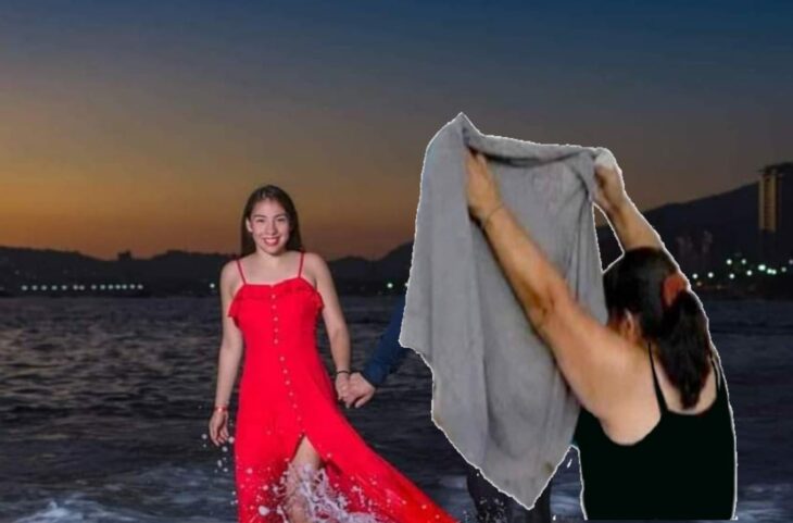 Edición de una mujer cubriendo a una persona en la foto de una pareja que camina por la playa