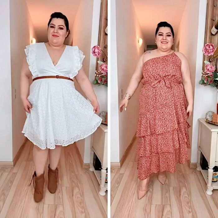 Priscila Arias la Fatshionista posando con dos diferentes vestidos estilo boho 