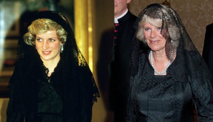 Comparación de Camilla Parker y Lady Di usando un velo de encaje en color negro 