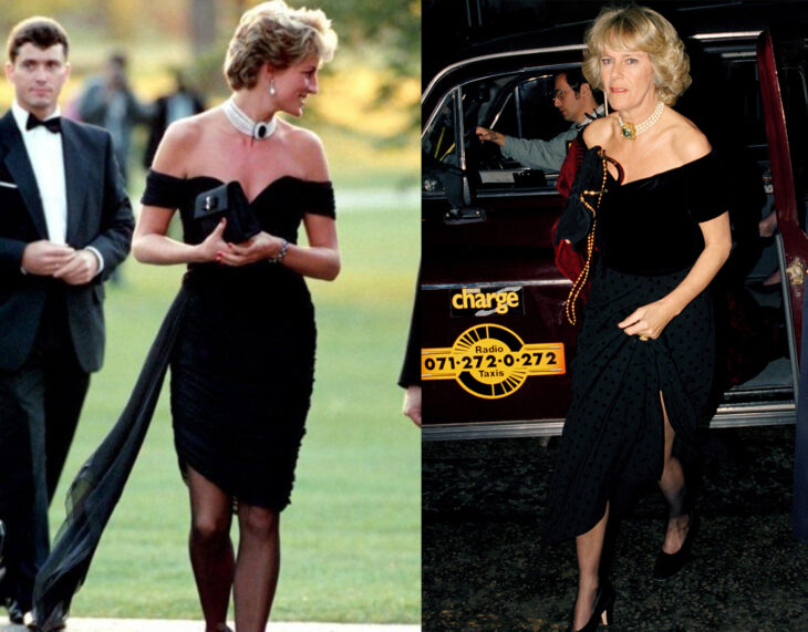 Comparación de Camilla Parker y Lady Di usando un vestido similar en color negro con hombros descubiertos  
