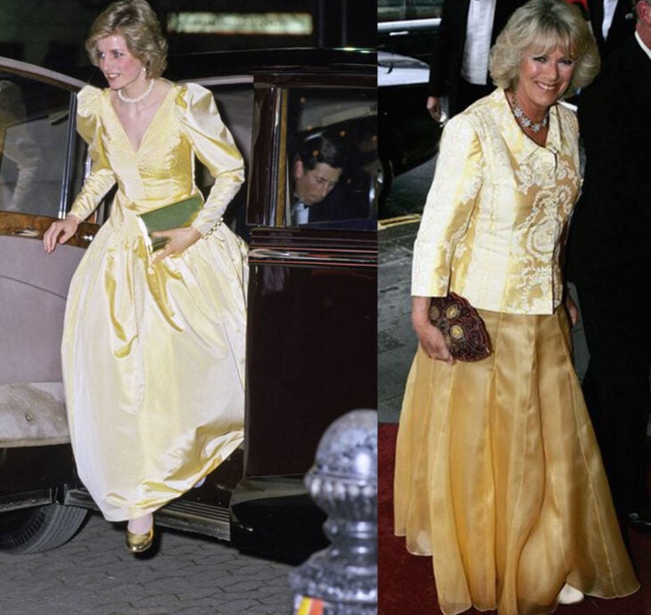 Comparación de Camilla Parker y Lady Di usando un atuendo de color amarillo