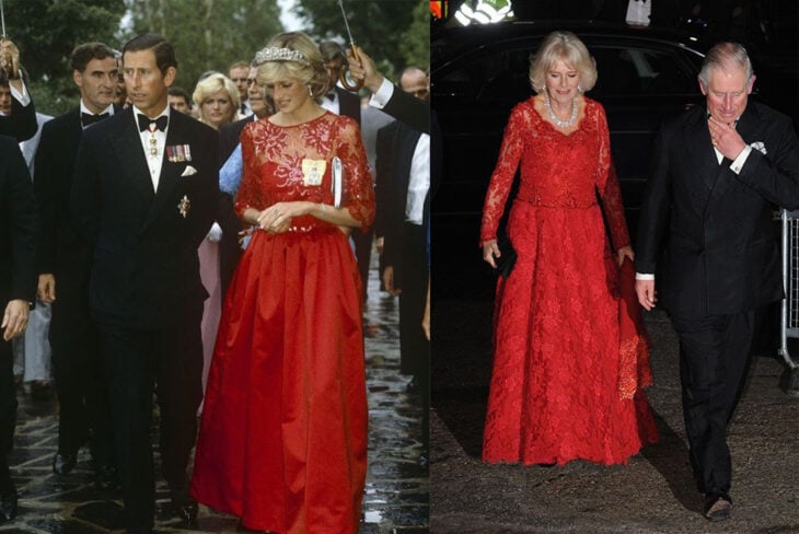 Comparación de Camilla Parker y Lady Di usando un atuendo de encaje color rojo 