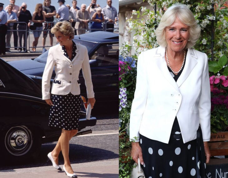 Comparación de Camilla Parker y Lady Di usando un atuendo de estampado de bolitas con blazer blanco 