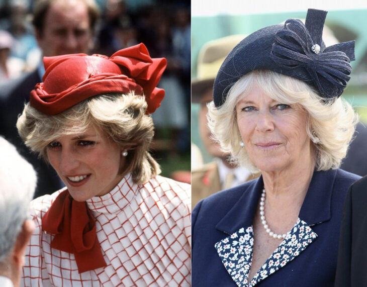 Comparación de Camilla Parker y Lady Di usando un sombrero de copa pequeña con moños 