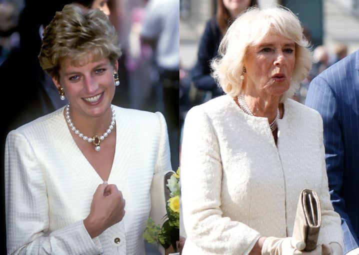 Comparación de Camilla Parker y Lady Di usando un atuendo de color blanco con perlas 