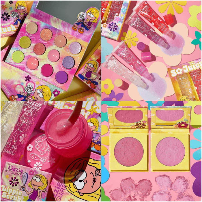 colección de maquillaje de colourpop y lizzie mcguire, sombras, rubor, brillo labial, exfoliante labial y sombras con glitter