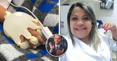 Enfermera consuela a paciente COVID usando guantes con agua