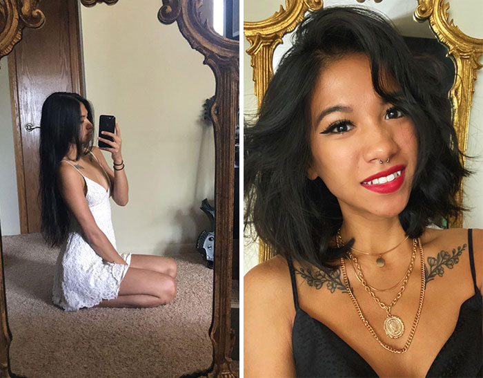 mujer tomando selfies frente a un espejo antes y después de cortar su cabello para donarlo 