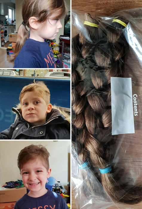 Niño de cabello rubio antes y después de cortar su cabello para donarlo 