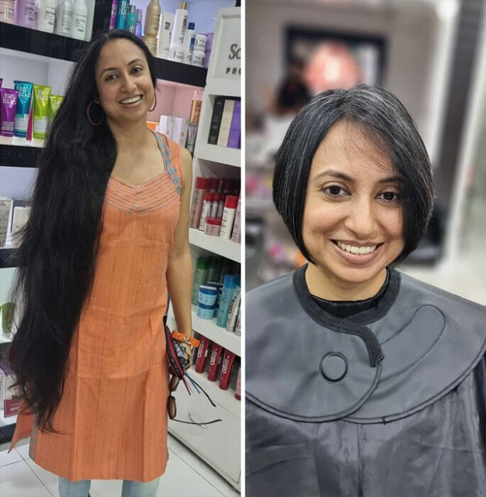 Mujer hindú antes y después de cortar su cabello para donarlo  