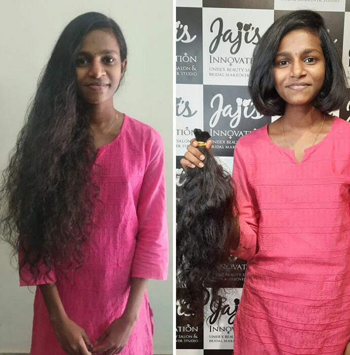 mujer con rasgos hindús antes y después de cortar su cabello para donarlo 