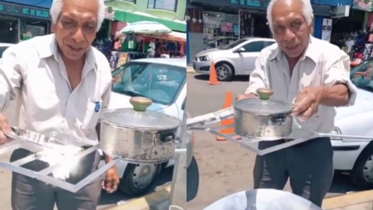 Abuelito de 71 años mostrando cómo funciona su estufa solar 