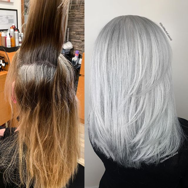 antes y después de telir un cabello en gris claro; Convierte cabello con canas en hermosas melenas plateadas 