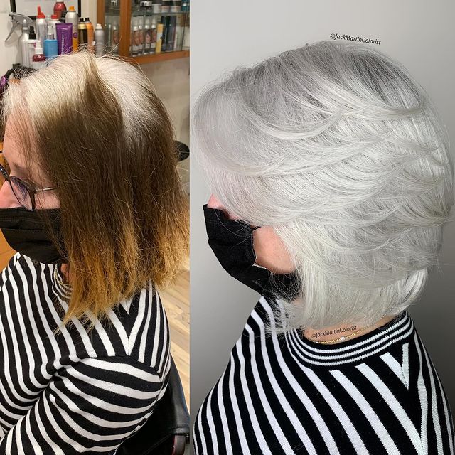 antes y después de telir un cabello corto en gris claro; Convierte cabello con canas en hermosas melenas plateadas 