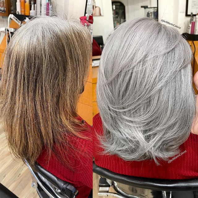 Cabello en tono plata mediano con ondas; Convierte cabello con canas en hermosas melenas plateadas