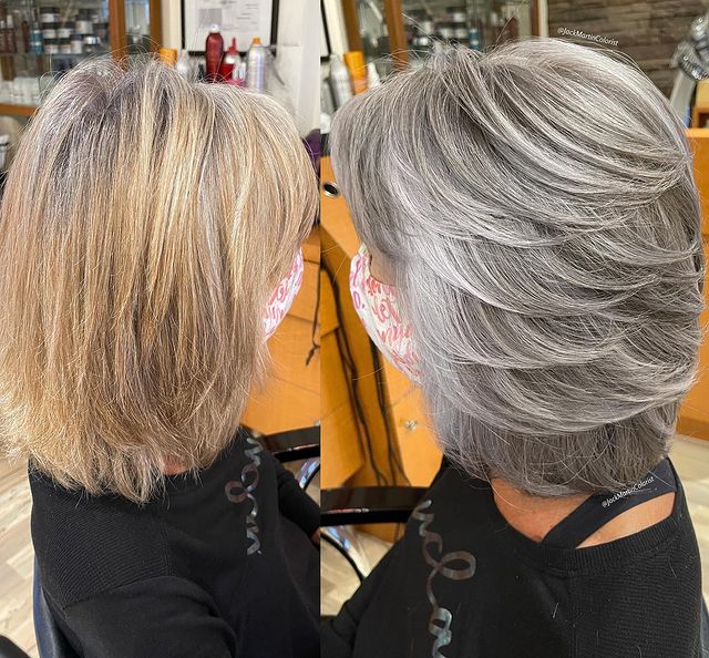 mujer con cabello en onda en tono plata y gris oscuro; Convierte cabello con canas en hermosas melenas plateadas