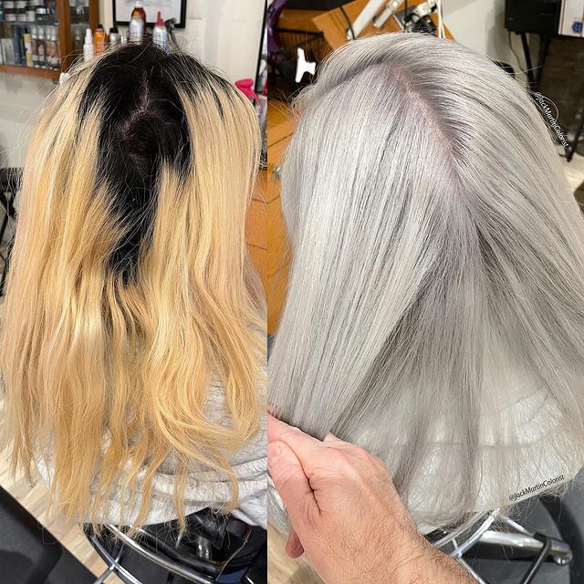 antes y después de teñir un cabello en plata; Convierte cabello con canas en hermosas melenas plateadas