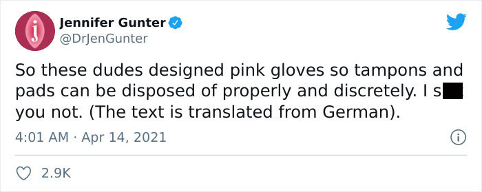 Comentario en twitter sobre el guante hecho para cambiar tampones 