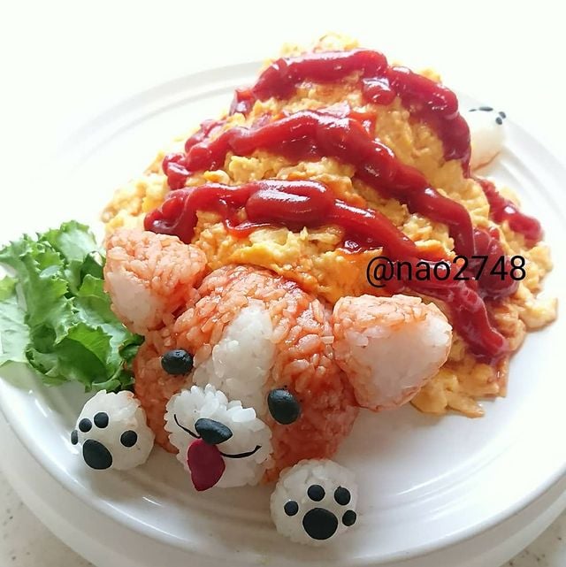 tortilla de huevo con arroz en forma de perro; Platillo elaborado por nao2748; Hermosa comida de bento estilo japonés
