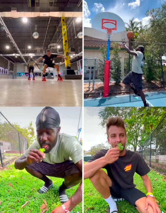 Hombres haciendo diferentes actividades como baloncesto, patinaje y en el parque