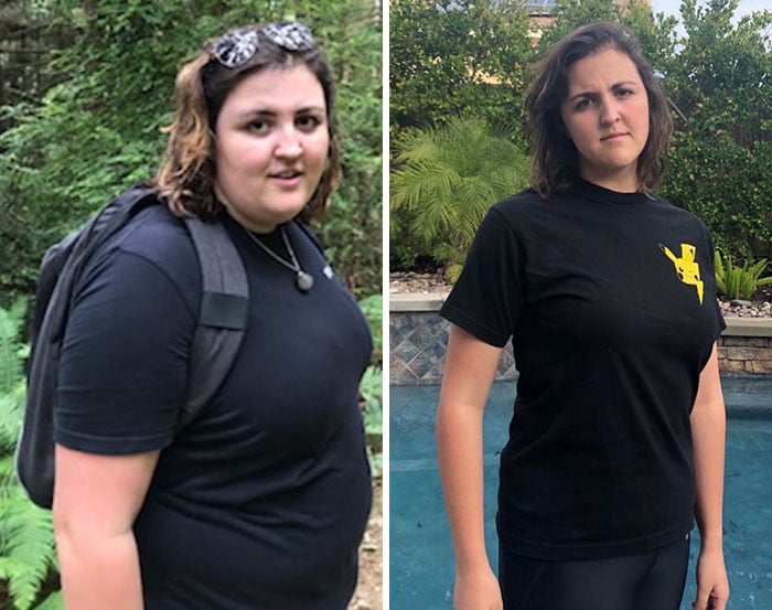 Chico mostrando el antes y después de su pérdida de peso 