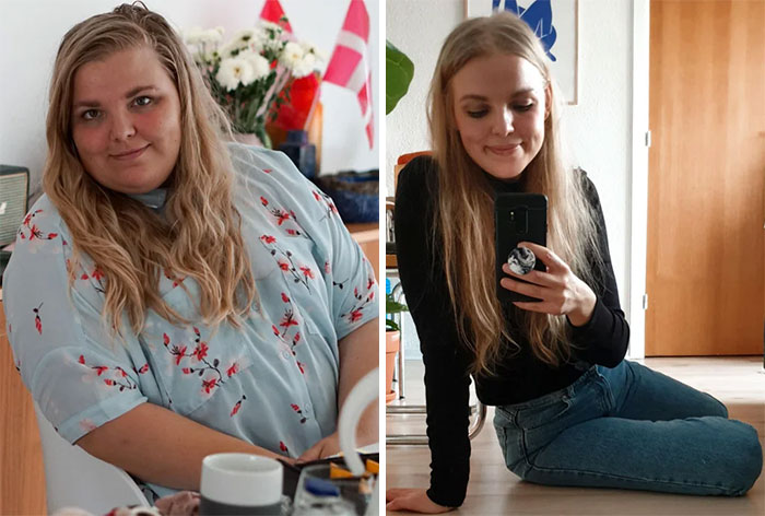 Chica mostrando el antes y después de su pérdida de peso 