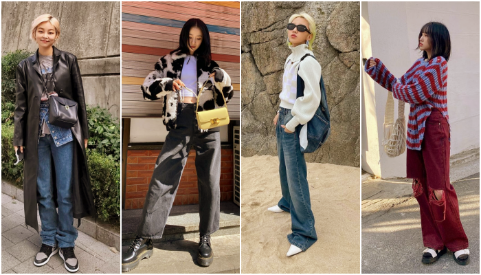 chicas asiáticas, coreanas con outfits, conjuntos, looks cool, en tendencia, de moda con colores pastel, claros, botas, bolsas, lentes de sol y prendas básicas