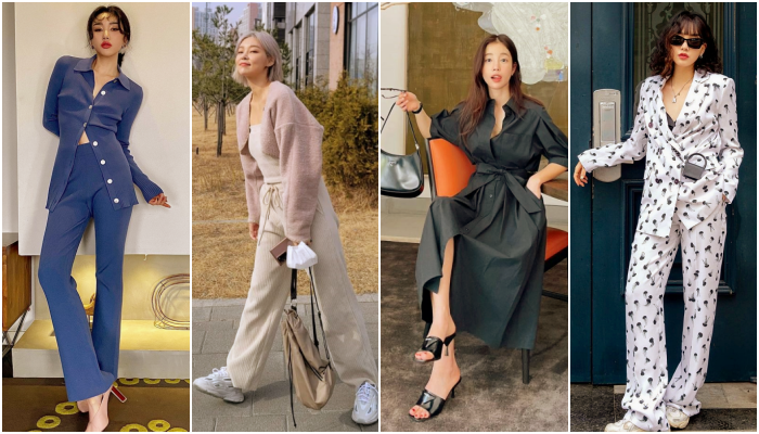 chicas asiáticas, coreanas con outfits, conjuntos, looks cool, en tendencia, de moda con colores pastel, claros, botas, bolsas, lentes de sol y prendas básicas