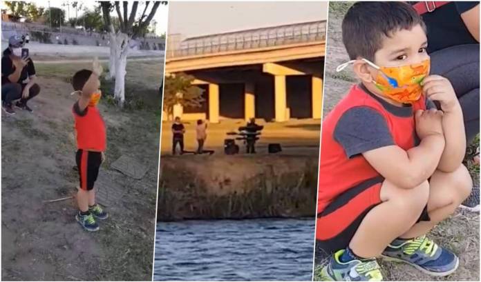 Niño mirando a su abuelito al otra lado del Río Bravo; ¡Awww! Abuelito le canta 'las mañanitas' a su nieto desde la frontera