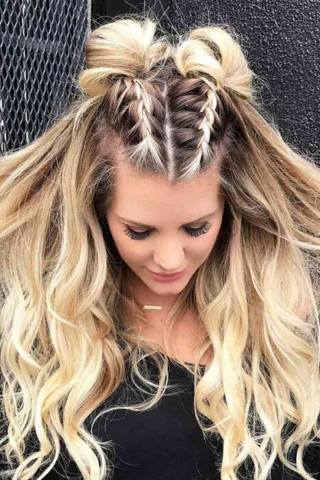 Trenza doble con bun arriba ;13 trenzas con cabello suelto para esos días ni de frío ni calor