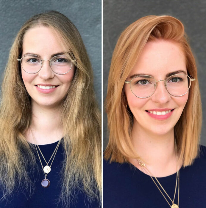 Mujer mostrando su antes y después al recibir un cambio de look en el cabello 