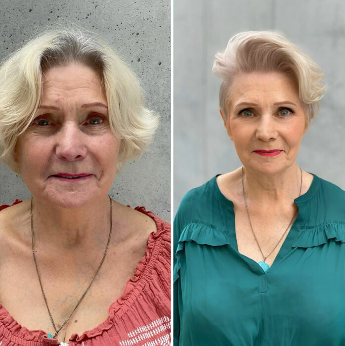 Mujer mostrando su antes y después al recibir un cambio de look en el cabello 