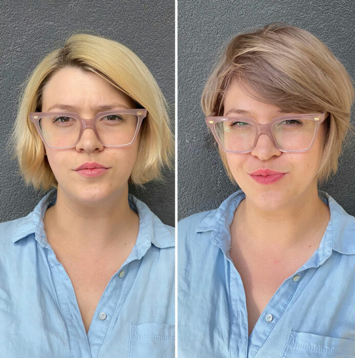 Mujer mostrando su antes y después al recibir un cambio de look en el cabello 