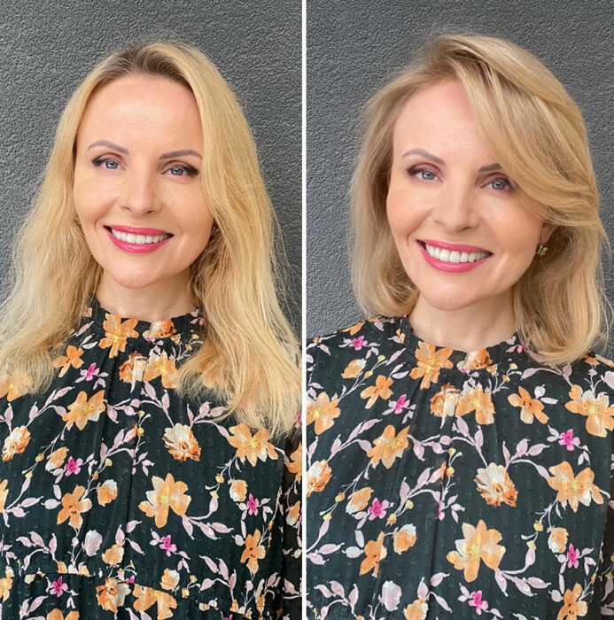 Mujer mostrando su antes y después al recibir un cambio de look en el cabello 