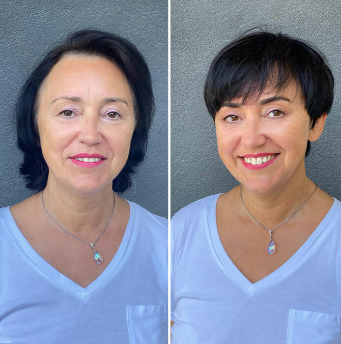 Mujer mostrando su antes y después al recibir un cambio de look en el cabello 