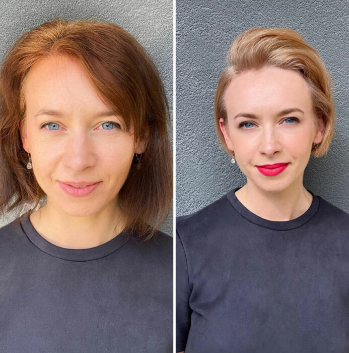 Mujer mostrando su antes y después al recibir un cambio de look en el cabello 