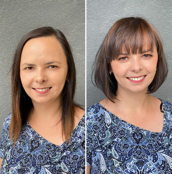 Mujer mostrando su antes y después al recibir un cambio de look en el cabello 