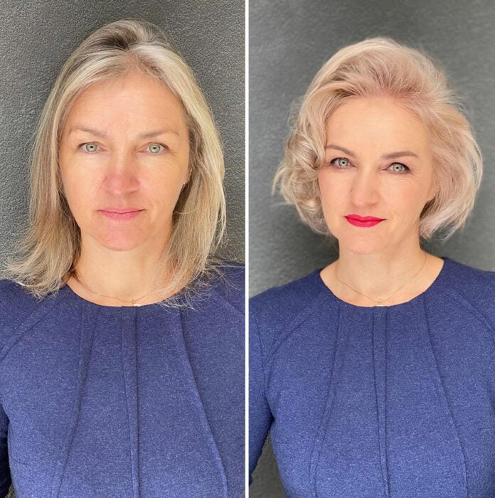 Mujer mostrando su antes y después al recibir un cambio de look en el cabello 