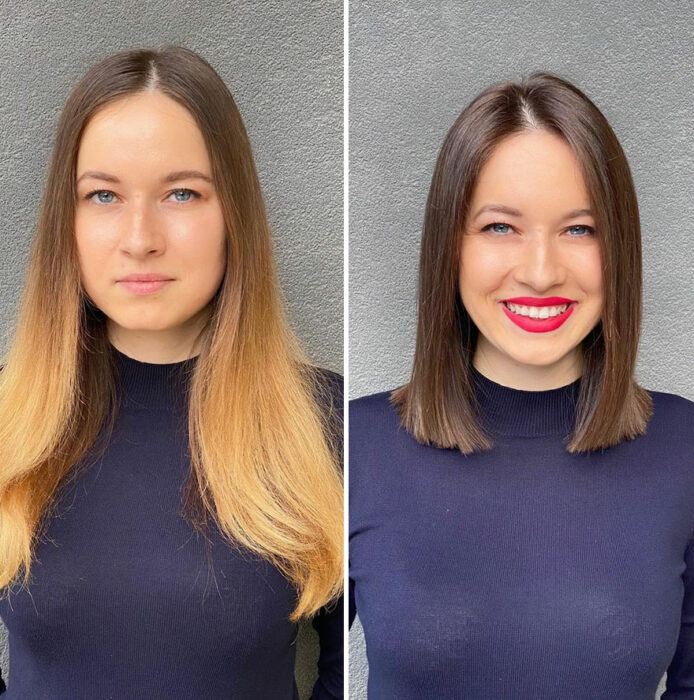 Mujer mostrando su antes y después al recibir un cambio de look en el cabello 