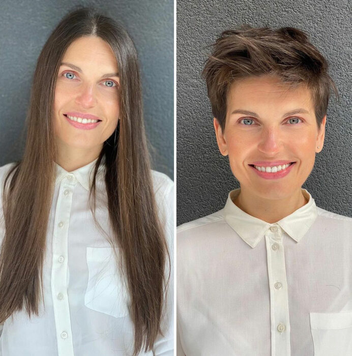 Mujer mostrando su antes y después al recibir un cambio de look en el cabello 