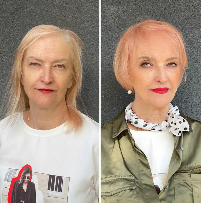 Mujer mostrando su antes y después al recibir un cambio de look en el cabello 