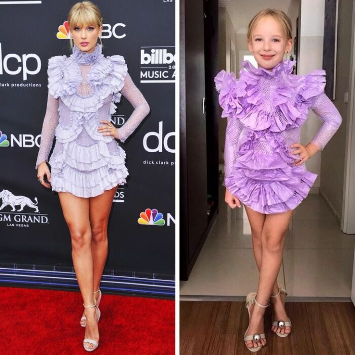 Alya, niña, recreando vestuario de Taylor Swift; Niña de 6 años recrea los mejores looks de alfombra roja de las celebs