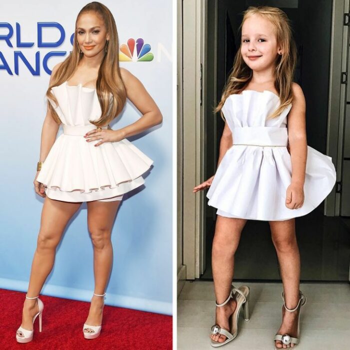 Alya, niña, recreando vestuario de Jennifer Lopez; Niña de 6 años recrea los mejores looks de alfombra roja de las celebs