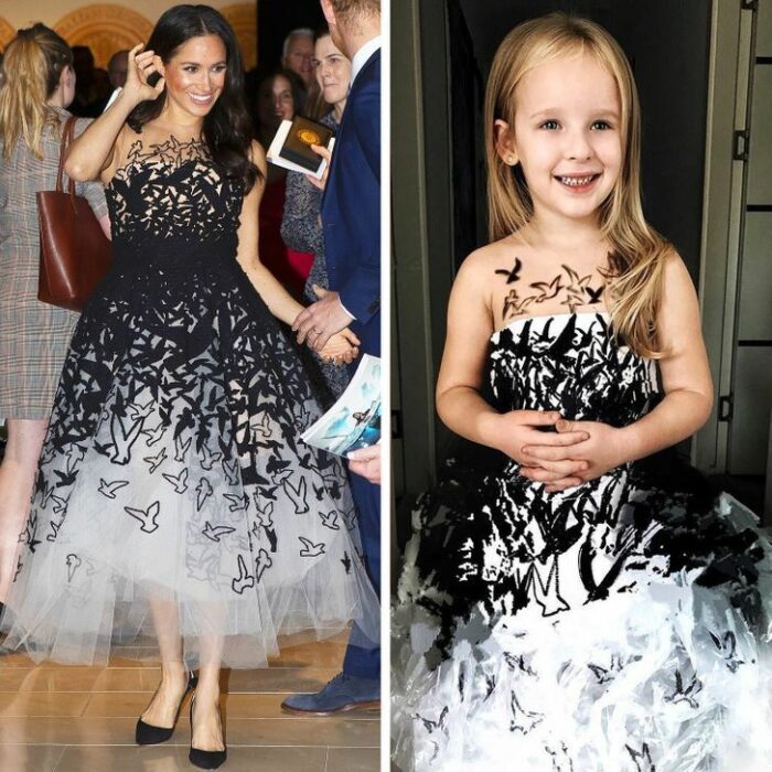 Alya, niña, recreando vestuario de Meghan Markle; Niña de 6 años recrea los mejores looks de alfombra roja de las celebs