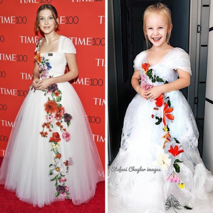 Alya, niña, recreando vestuario de Millie Bobby Brown; Niña de 6 años recrea los mejores looks de alfombra roja de las celebs