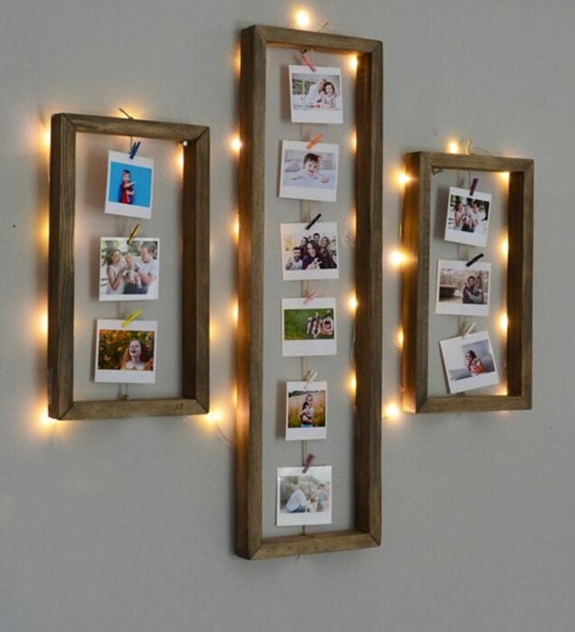 Decoración con fotos instax pegadas a la pared y acompañadas con luces