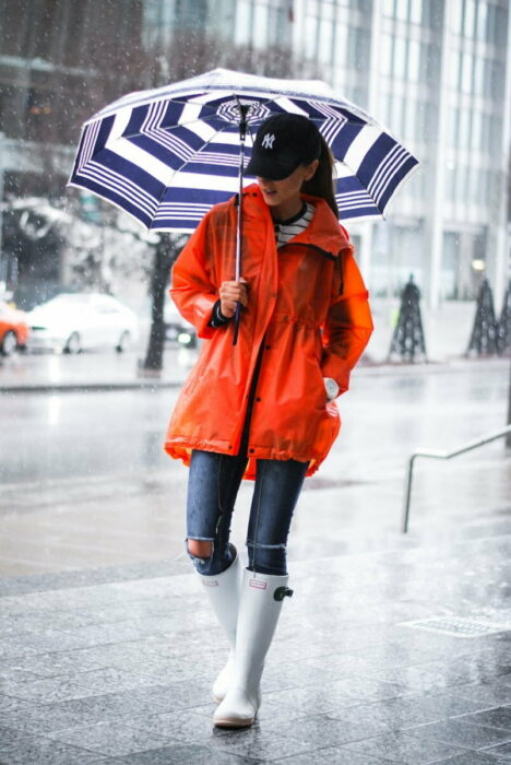 Chica usando un outfit de lluvia con botas, paraguas y chaqueta